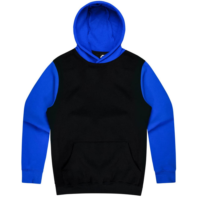 A black hoodie with a blue hood and sleeves, featuring a front pocket and a logo.