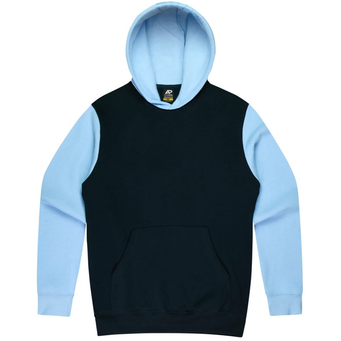A hoodie featuring a navy body and light blue sleeves, complete with a front pocket and a hood.