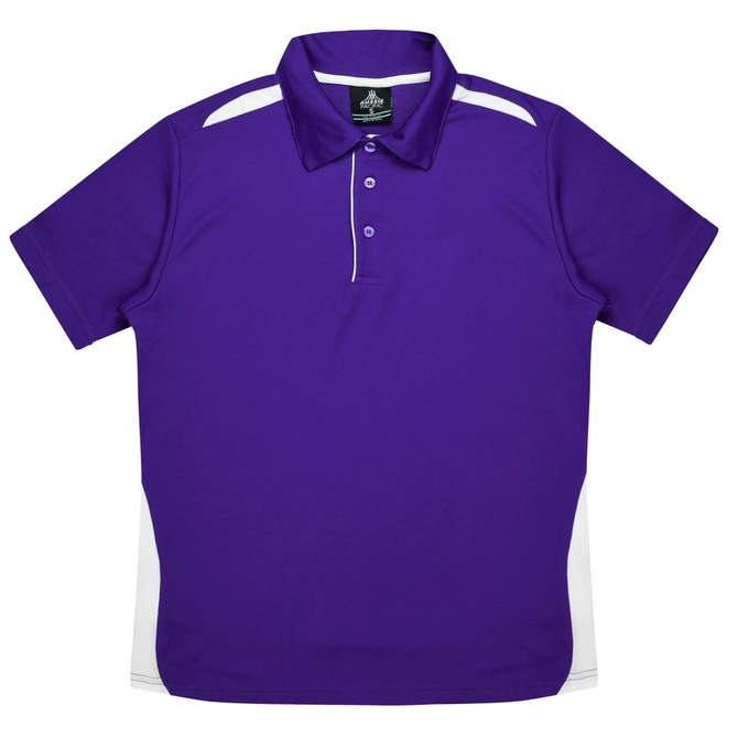 A purple polo shirt featuring white side accents and a collar, with a logo on the tag.