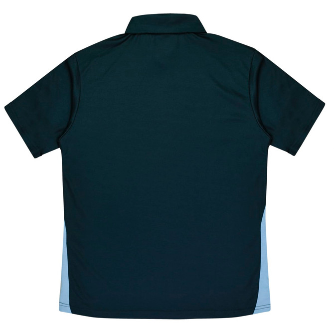 A dark green polo shirt with light blue sides and a collar, featuring a logo on the fabric.