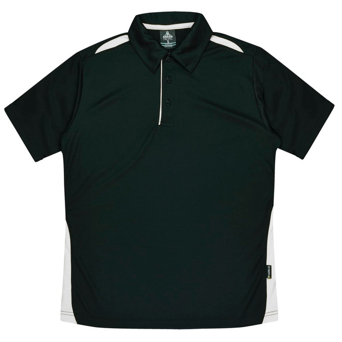 A dark green polo shirt with white side accents and a collar, featuring a logo on the front.
