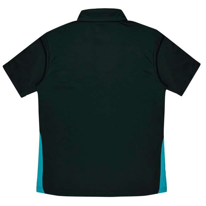 A dark green polo shirt with short sleeves and aqua side panels. The shirt features a collar and a logo.