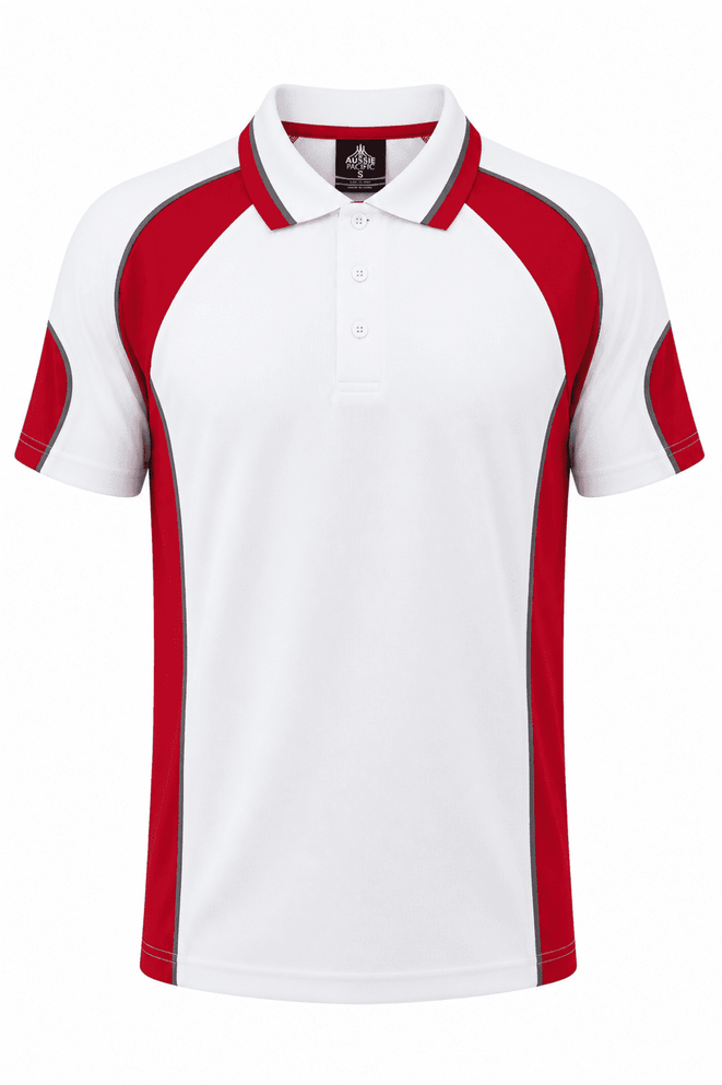 A white polo shirt with red accents and a branding logo on the chest area.