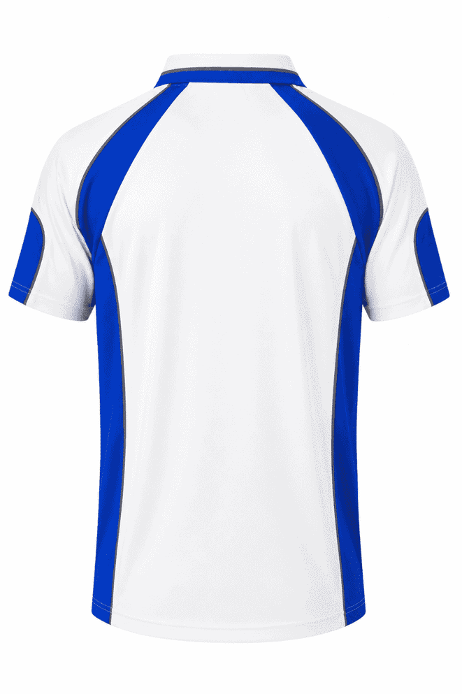 A white polo shirt with blue accents and a logo on the back, featuring short sleeves and a collar.