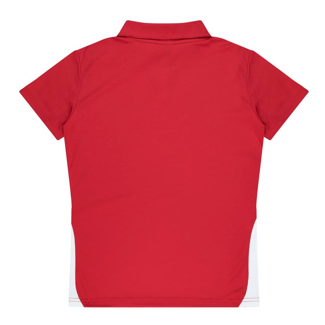 A red polo shirt with a collar and short sleeves, featuring a side panel design. It has a logo on the front.