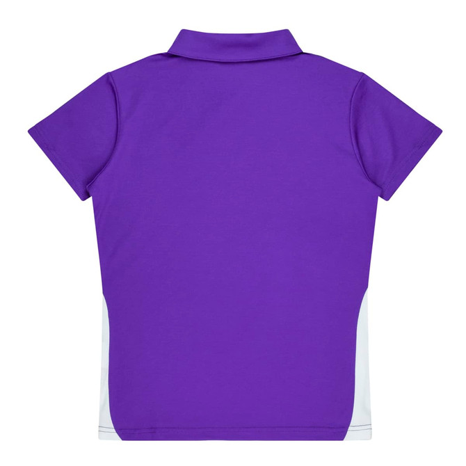 A purple polo shirt featuring a plain design and a side panel in white. It has a collar and short sleeves.