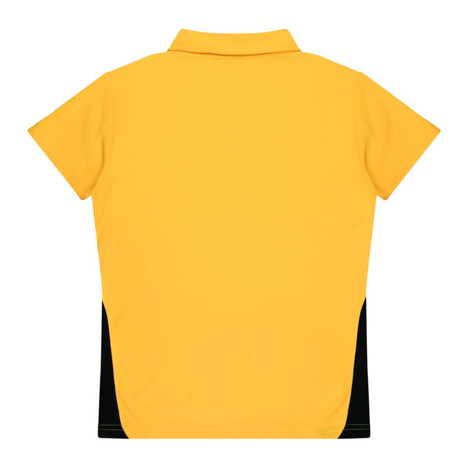 A yellow polo shirt with black side panels and a collar, featuring a logo on the design.