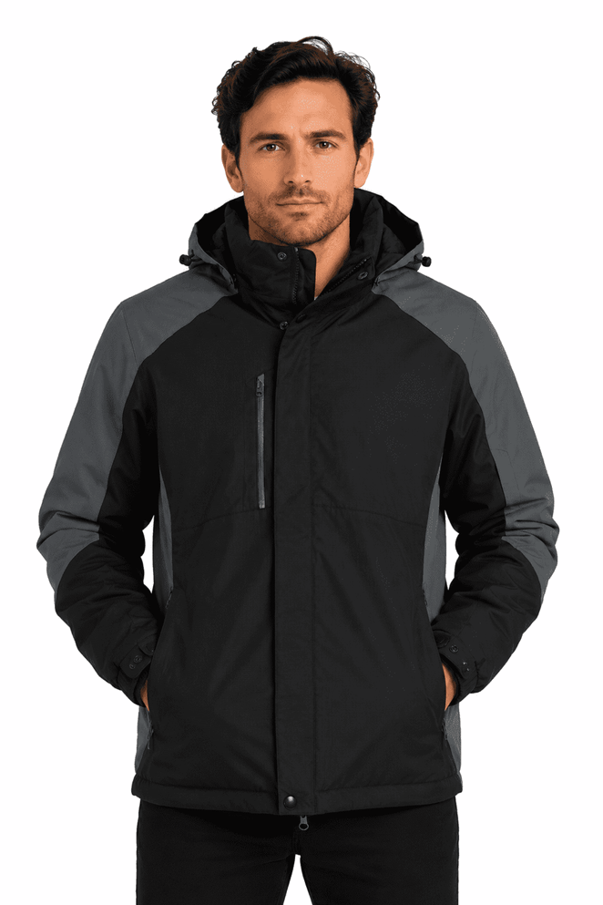 A black and grey men's jacket with a hood and zippered pockets, featuring a branding logo.