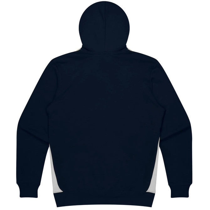 A navy hoodie featuring a hood and a logo, displaying a simple design with grey accents.