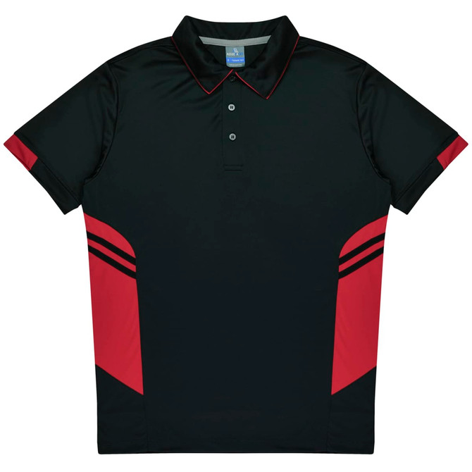 A black and red polo shirt with a collar and three-button placket, featuring a logo on the chest.