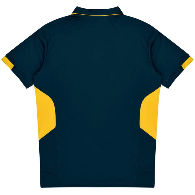 A navy blue polo shirt with yellow side panels and a logo. The shirt features a classic collar and short sleeves.