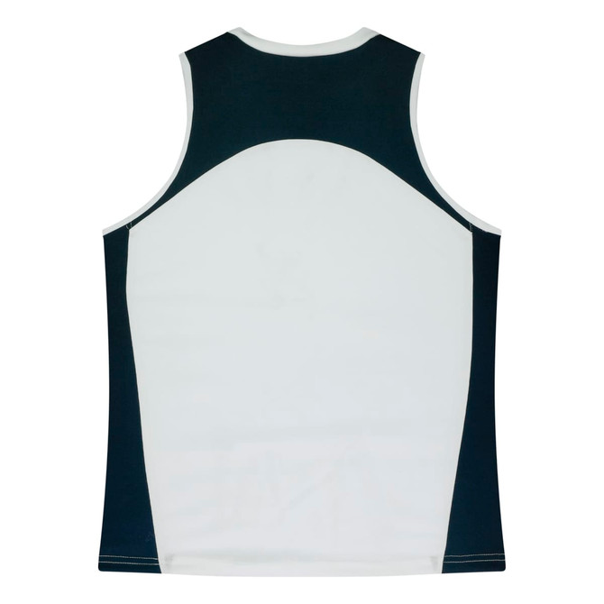 A singlet top in white and navy, featuring a logo, with a sporty design and a comfortable fit.