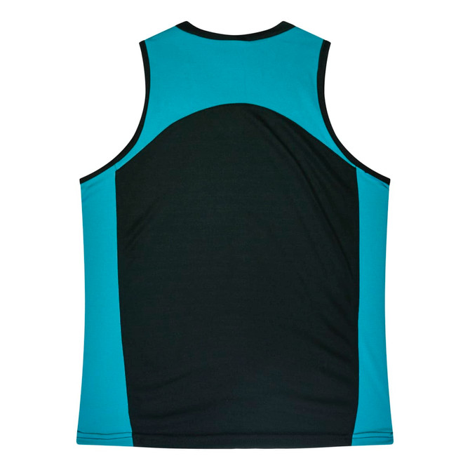 A singlet featuring a black body with turquoise accents, designed for women's activewear. It has a logo on the front.