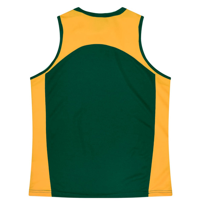 A green and yellow singlet featuring a logo on the back, designed for women's wear.