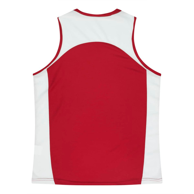 A red and white singlet featuring a back design and a branded logo. Suitable for casual or athletic wear.