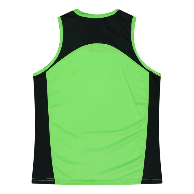 A back view of a green and black singlet featuring a logo. Suitable for activewear or casual wear.