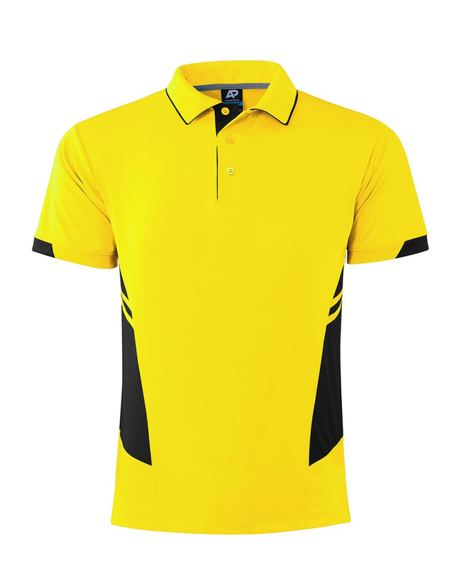 A yellow polo shirt featuring black accents and a logo on the collar.