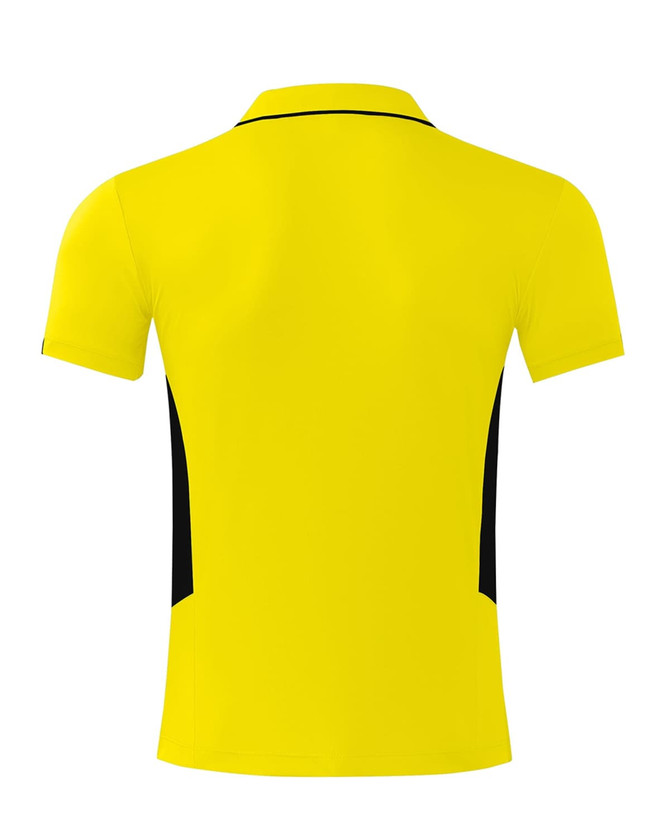 A yellow polo shirt with black side panels and a collar, featuring a logo on the back.