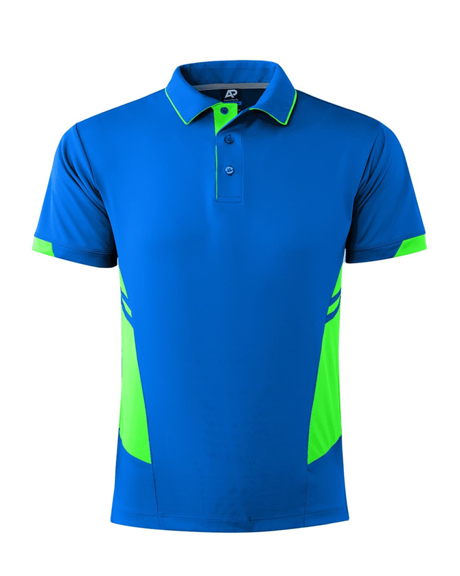 A blue men's polo shirt with green accents, featuring a collar and a logo.