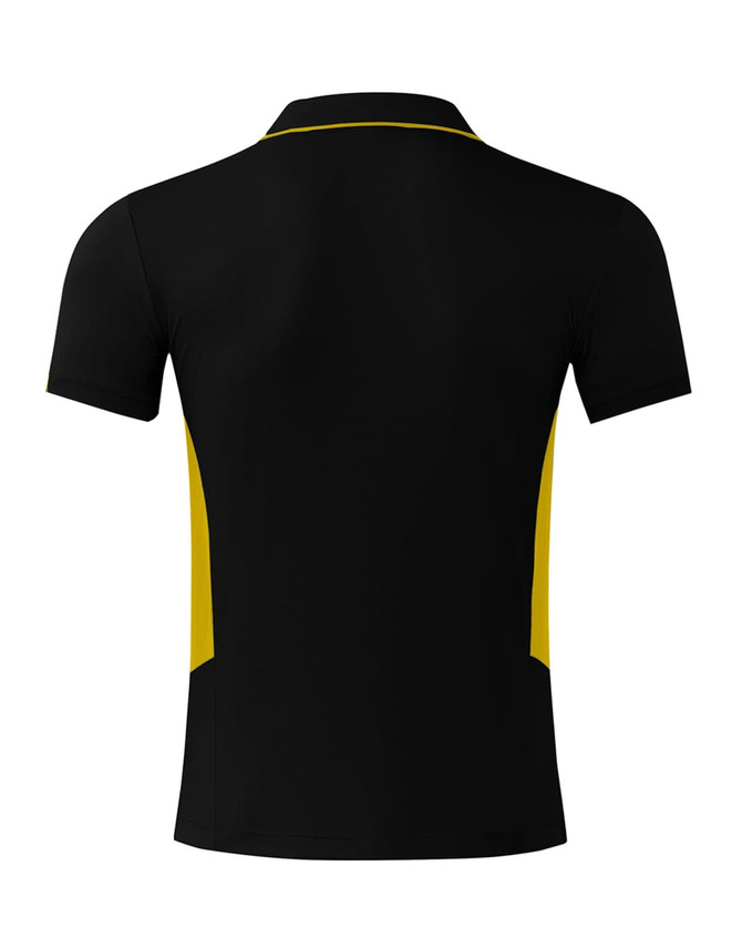 A black polo shirt with yellow side panels and a collar, featuring a logo on the back.