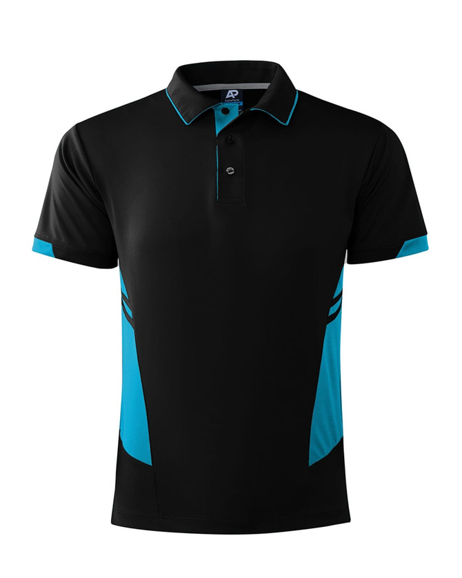 A black polo shirt featuring turquoise accents and a logo, designed for men.