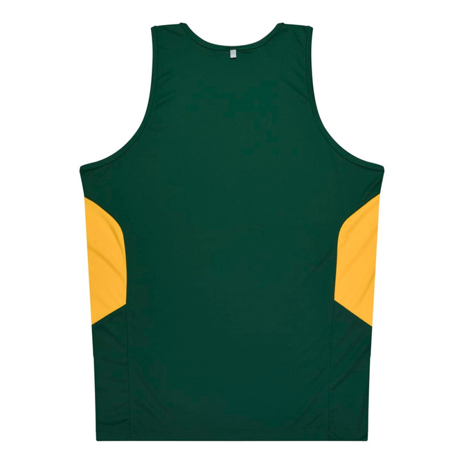 A green singlet with yellow side panels and a logo on the back. Suitable for casual or active wear.
