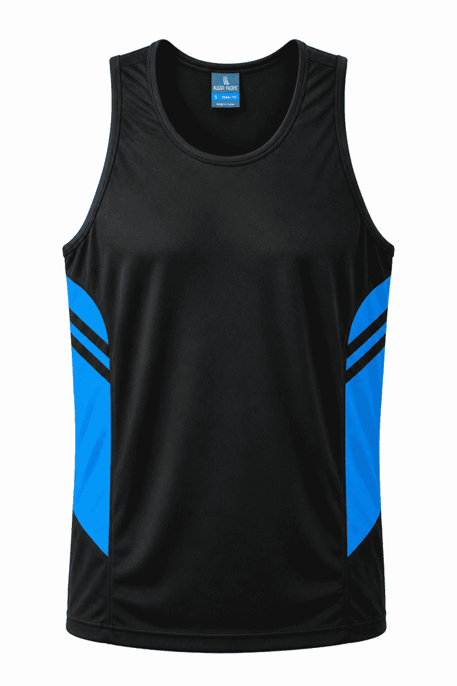 A black singlet with blue side panels and stripes, featuring a logo on the upper section.