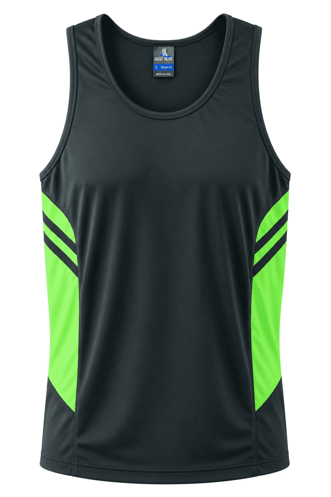 A black singlet with bright green side panels and a logo on the front.