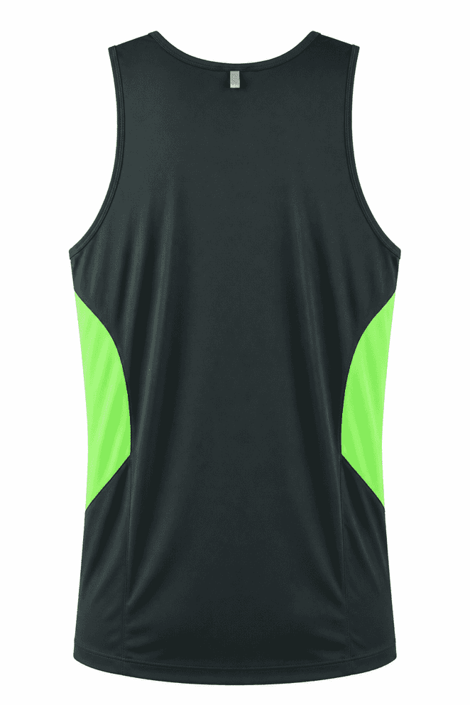 A black singlet with green accents, featuring a branding logo on the back. Suitable for active wear.
