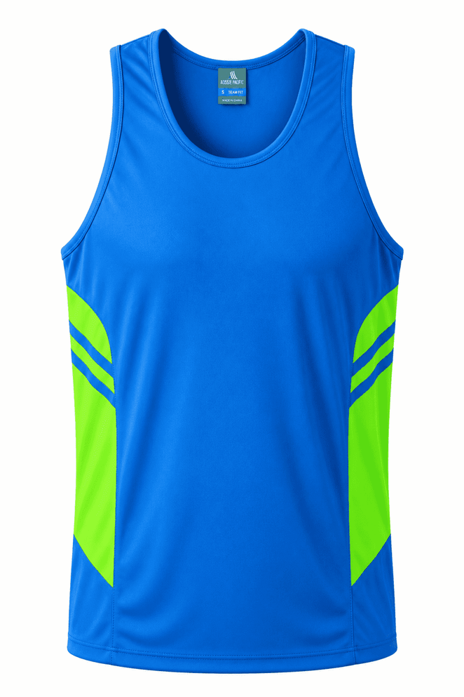A blue singlet with green accents and a logo on the chest. Ideal for active wear.