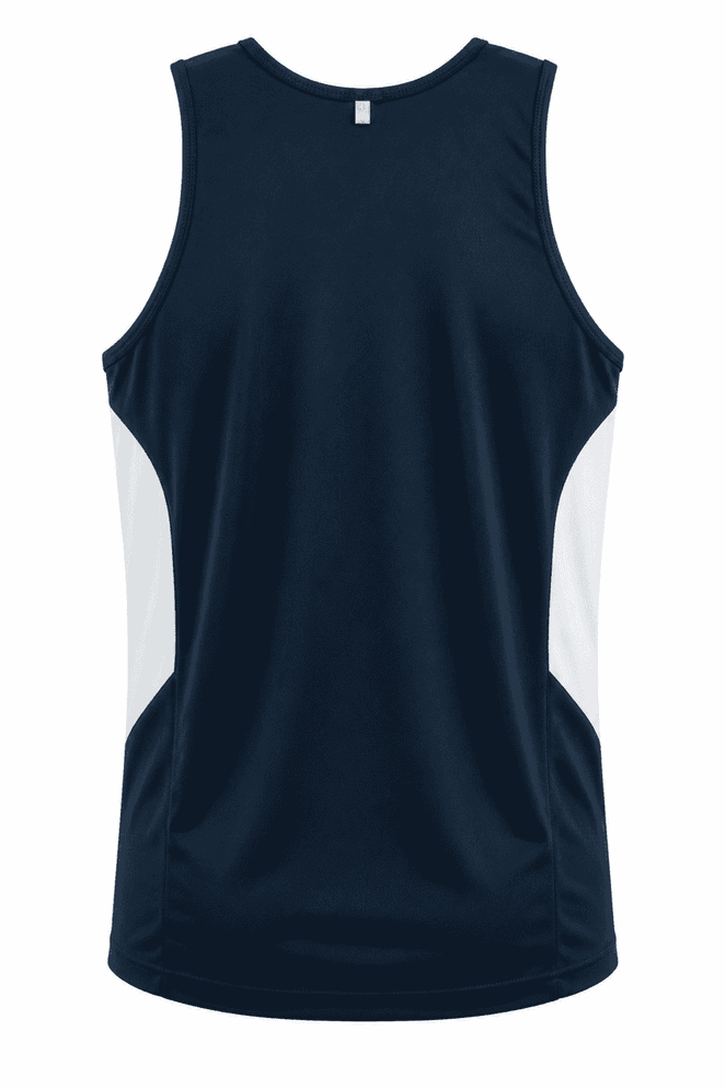 A navy single with white side panels, featuring a logo, designed as a men’s singlet.