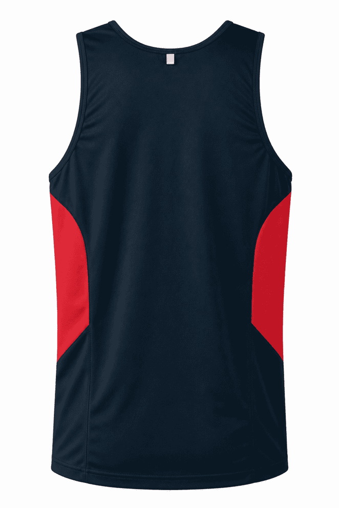 A black men's singlet with red side panels and a logo. Suitable for casual or athletic wear.