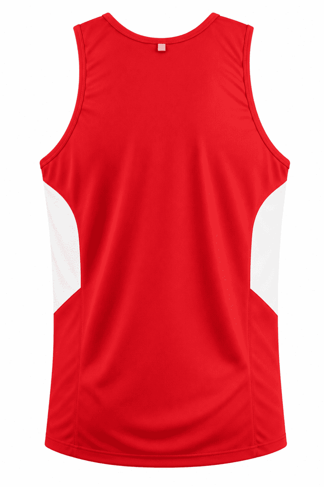 A red men's singlet with white side panels and a logo. The back view showcases a smooth, sporty design.