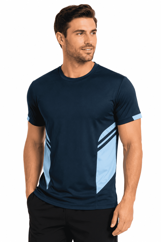 A navy blue men's T-shirt with light blue accents and a branding logo on the sleeve.
