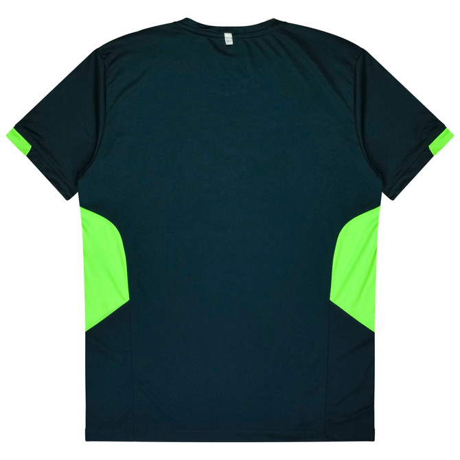 A T-shirt featuring a black base with bright green accents on the sides and a logo on the back.