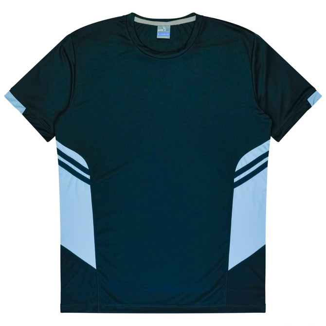 A dark green t-shirt featuring light blue accents and a logo, designed for kids.