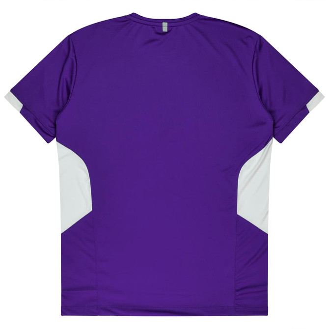 A purple t-shirt with white side panels and a logo on the back. Ideal for casual wear.