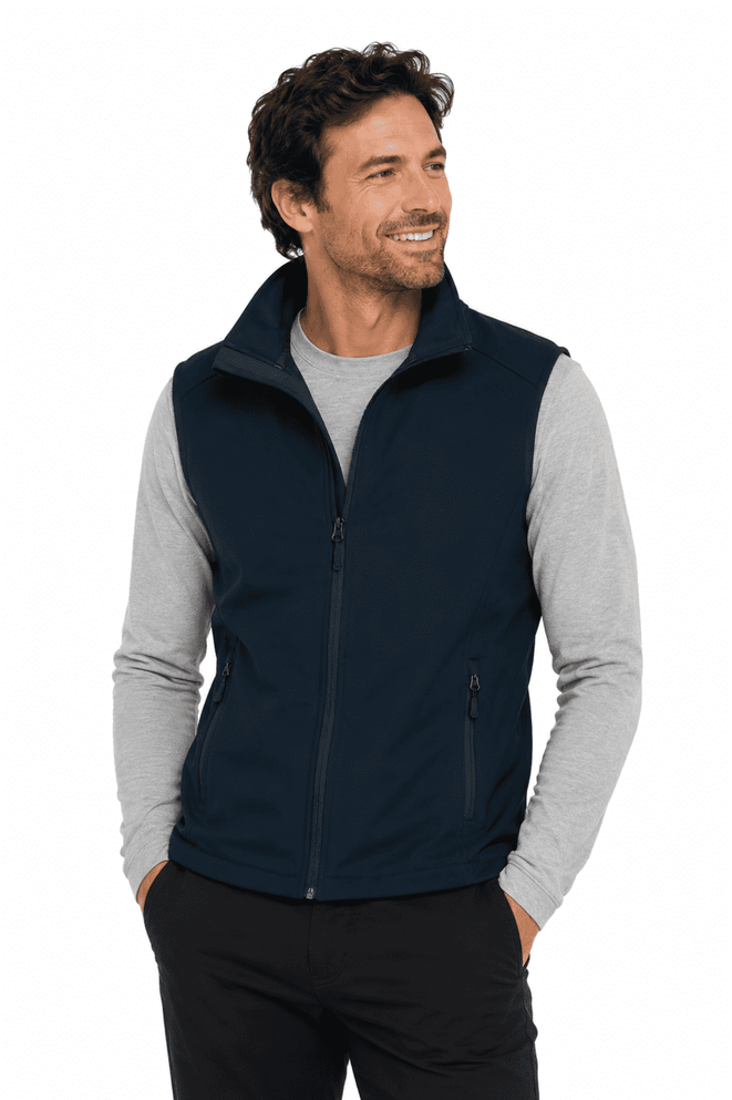 A navy sleeveless vest featuring a zip front, side pockets, and a logo on the chest.