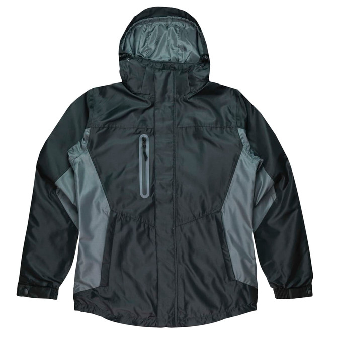 A dark grey and light grey men's jacket featuring a hood and zippered pockets, with a logo on the chest.