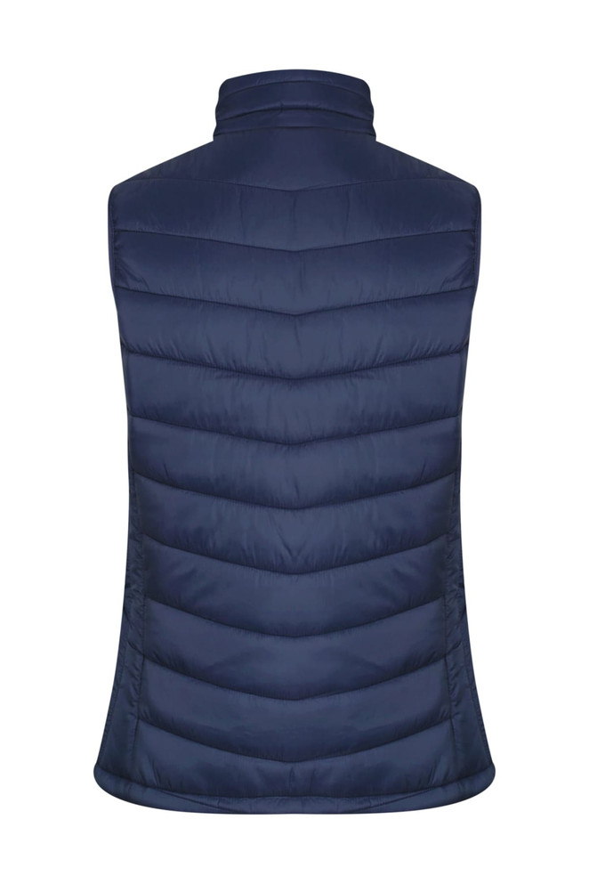 A navy puffer vest with a high collar and quilted design, featuring a branding logo.