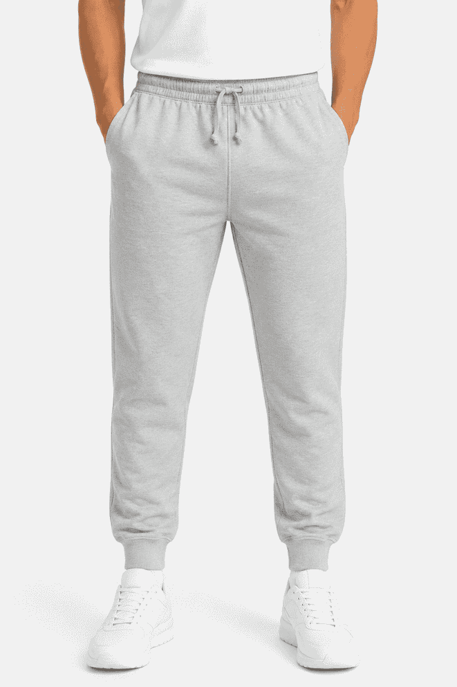 Grey tapered fleece men's track pants with an elastic waistband and cuffs, featuring a casual style.