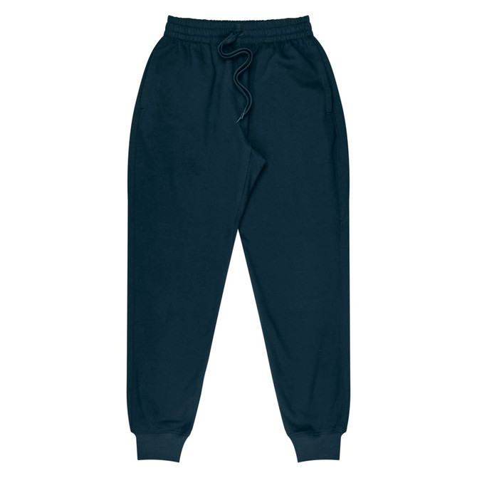 Tapered fleece pants in dark navy with an elastic waistband and side pockets. Features a logo.