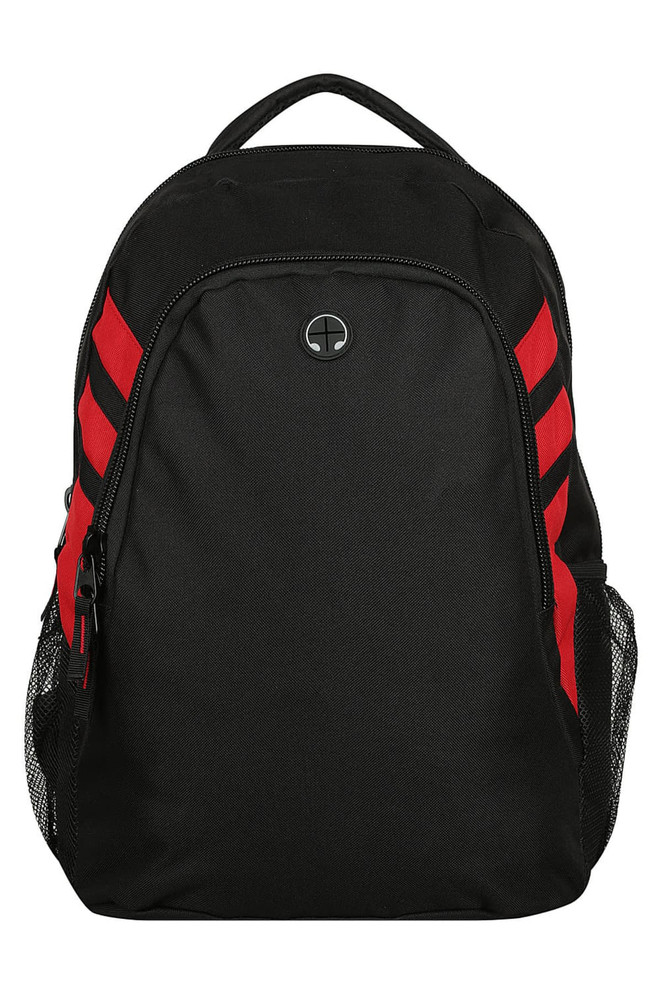 A black backpack with red stripes, featuring a logo and side mesh pockets. Suitable for carrying personal items.