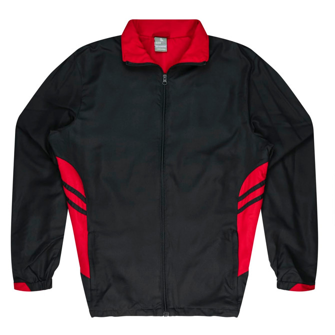 A black and red tracktop featuring a full zip, long sleeves, and side stripes, with a logo on the chest.