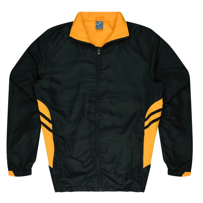 A dark green and yellow zip-up tracktop featuring two side stripes and a high collar. It has a logo on the chest.