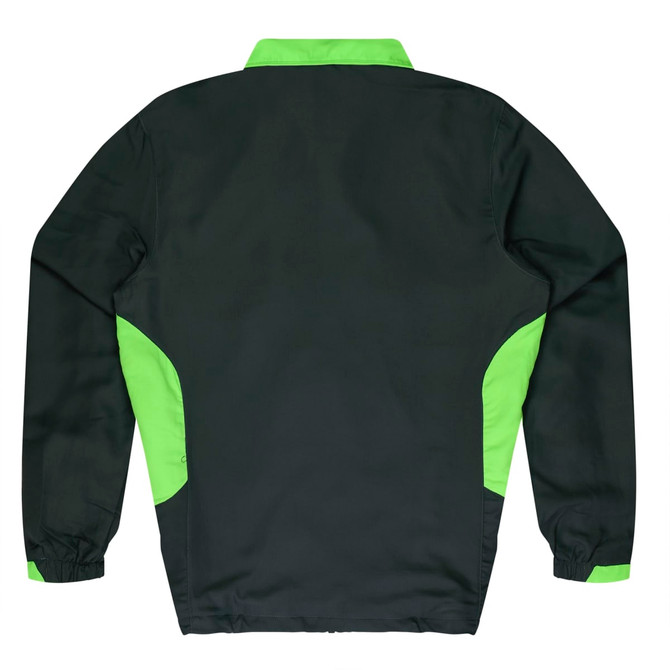 A children's tracktop in black with bright green accents, featuring a collar and long sleeves. It has a branding logo.