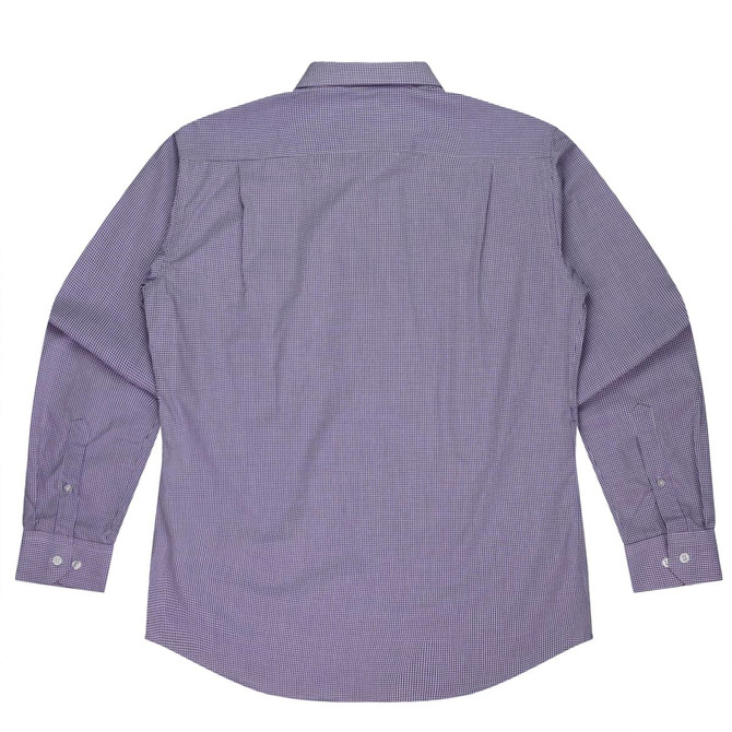 A long sleeve button-up shirt in a purple check pattern, featuring a back yoke and button cuffs.