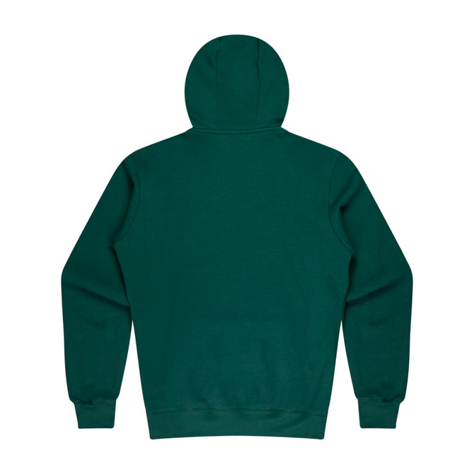 A green hoodie featuring a kangaroo pocket and a hood, designed for kids, with a small logo present.