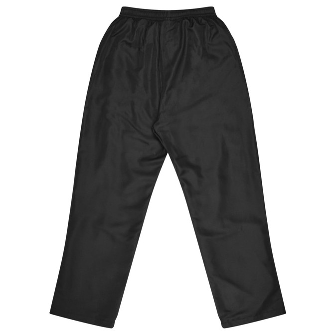 Black track pants with an elastic waistband, featuring a simple design. Includes a logo on the waistband.