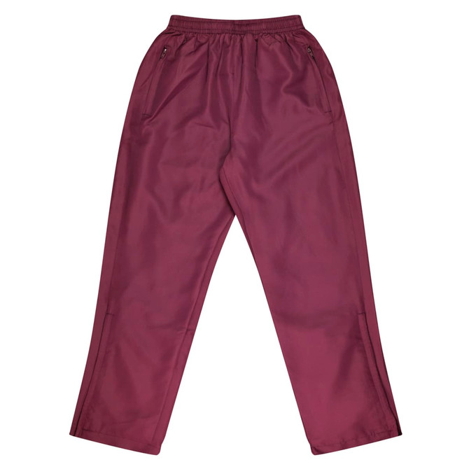 Maroon track pants featuring a smooth finish and zippered pockets, designed for kids.